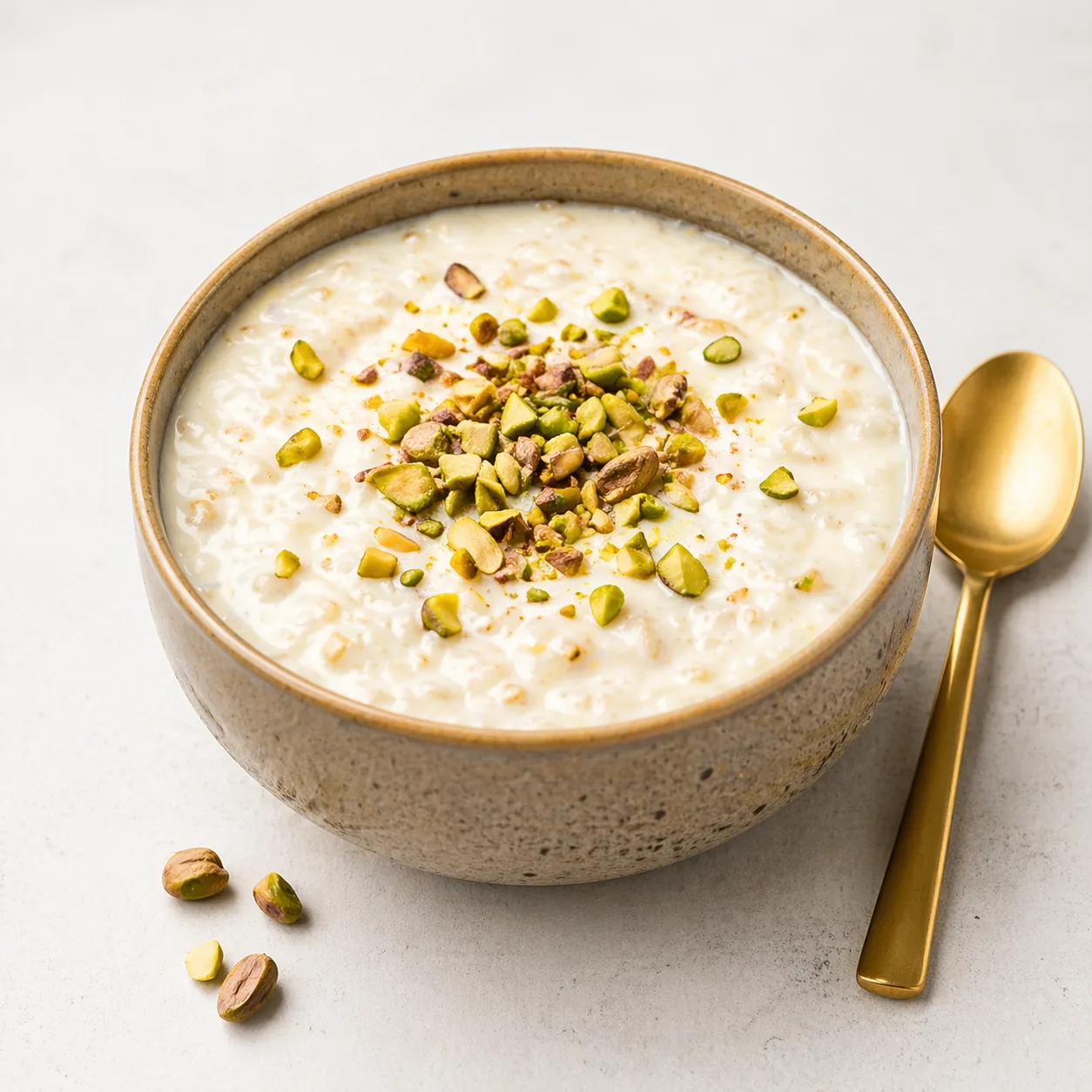 Kheer — riz au lait indien aux pistaches et pétales de rose